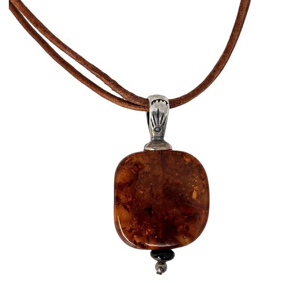 VTG Baltic Amber Pendant Necklace 16" 925 Sterling Silver Leather Thailand - Picture 8 of 13